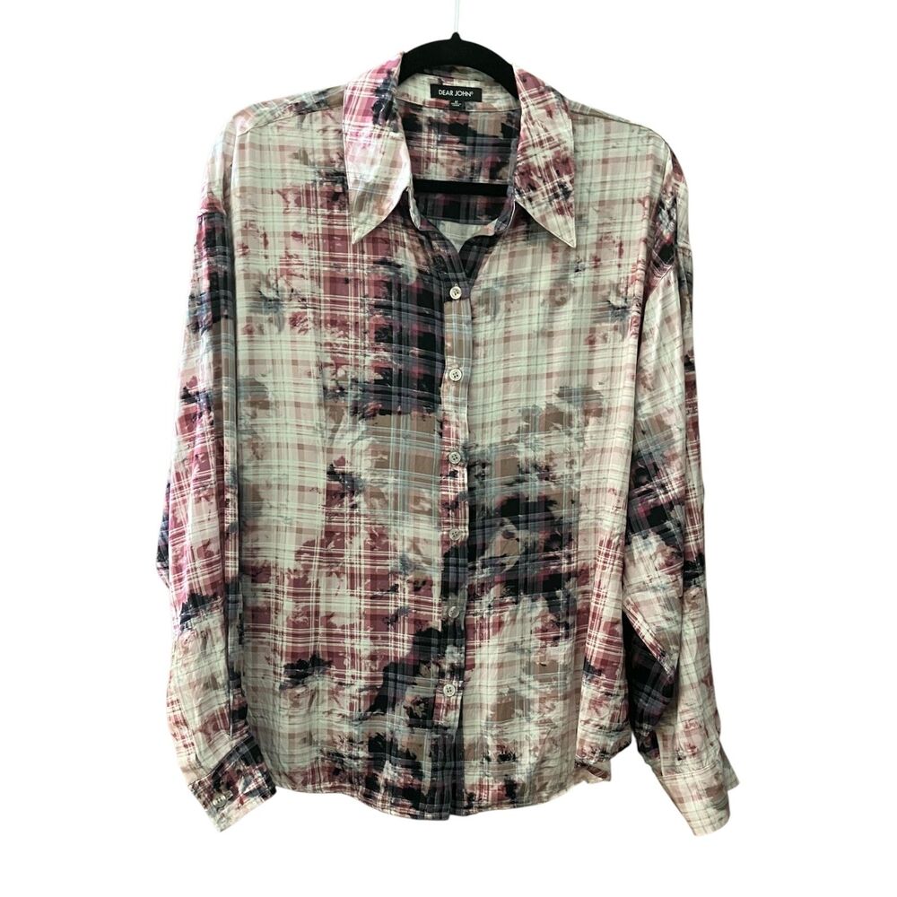 Dear John smocked tie dye plaid long sleeve button front shirt